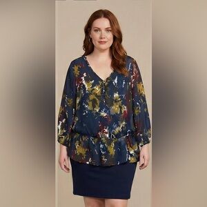 Liz Claiborne Sheer Navy Maroon Green Abstract Floral Print Blouse Size 2X